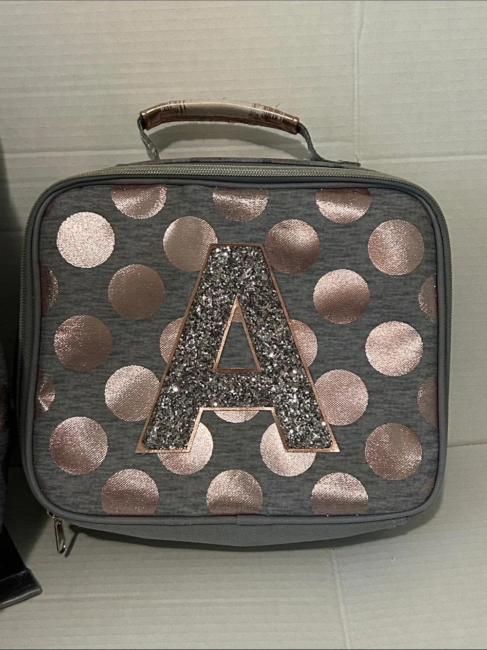 Justice ‘A’ Glitter Gray Backpack & Lunchbox Set with Rose Gold Polka Dots